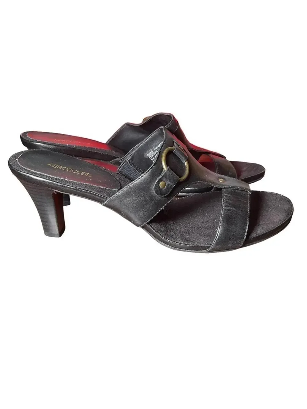 Aerosoles Black Leather Mule Sandals Heeled Slides Size 9.5M